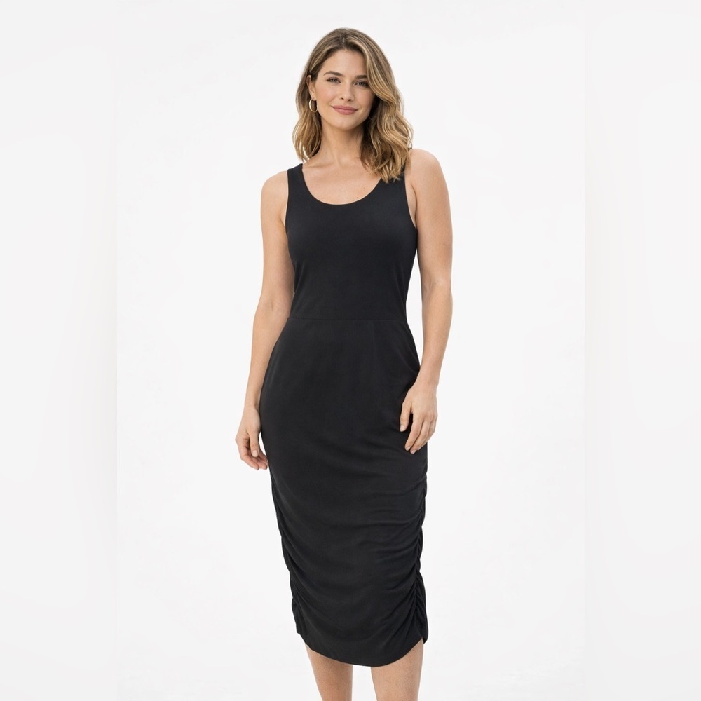 Athleta Black Ruched Midi Tank Dress, Built-In Bra, Minimalist, Cocktails Chic M